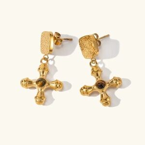 18k Gold Plated Cross Dangle Earrings